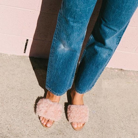 Loeffler Randall Domino Shearling Sheep Fur Flat Slides Pink / Rose Gold Sz- 8B - Picture 3 of 8